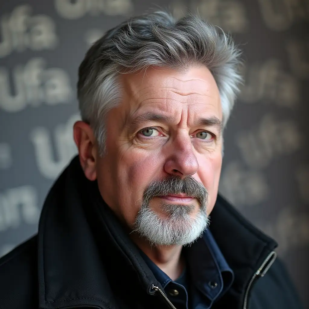 A rock musician. 50 years old. Gray-haired. Her hair is combed back. Short haircut. A small short gray beard only on the chin. Without a mustache. Mustache is missing. There is no mustache in the photo. Thick build. The face looks like the singer Lev Leshchenko. Close-up on the background of the Ufa inscription. The background is not blurred, sharp. There are a lot of inscriptions in the background: - Ufa