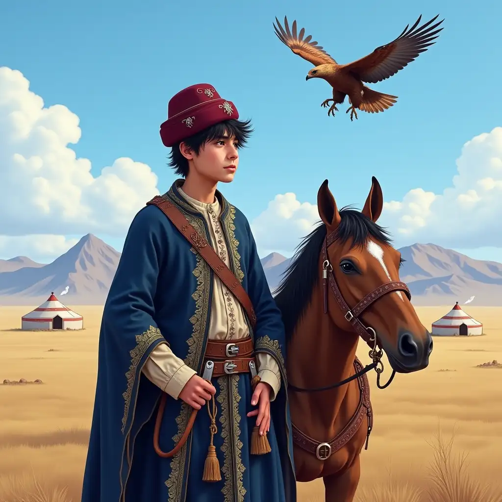 Depict the young Kazakh nomad Aidar standing against the backdrop of endless steppes under a clear blue sky. He is wearing a deep blue velvet chapan adorned with golden embroidery featuring 'qoshqar muyiz' (ram's horns) patterns. Under the chapan, a light linen shirt with embroidery on the collar is visible. On his head is a burgundy tyubeteika (skullcap) with silver ornaments. His dark hair is slightly tousled by the wind, with strands peeking out from under the tyubeteika. Around his waist is a wide leather belt with a metal buckle and attached accessories—a knife in a sheath and an amulet. He is holding a dombra in his hands, decorated with carvings and inlays. Next to him stands his horse Kumay—stately, with a shiny mane and harness adorned with ornaments. In the sky above them soars the eagle Tulpar. In the distance, mountains and several yurts with smoking chimneys can be seen