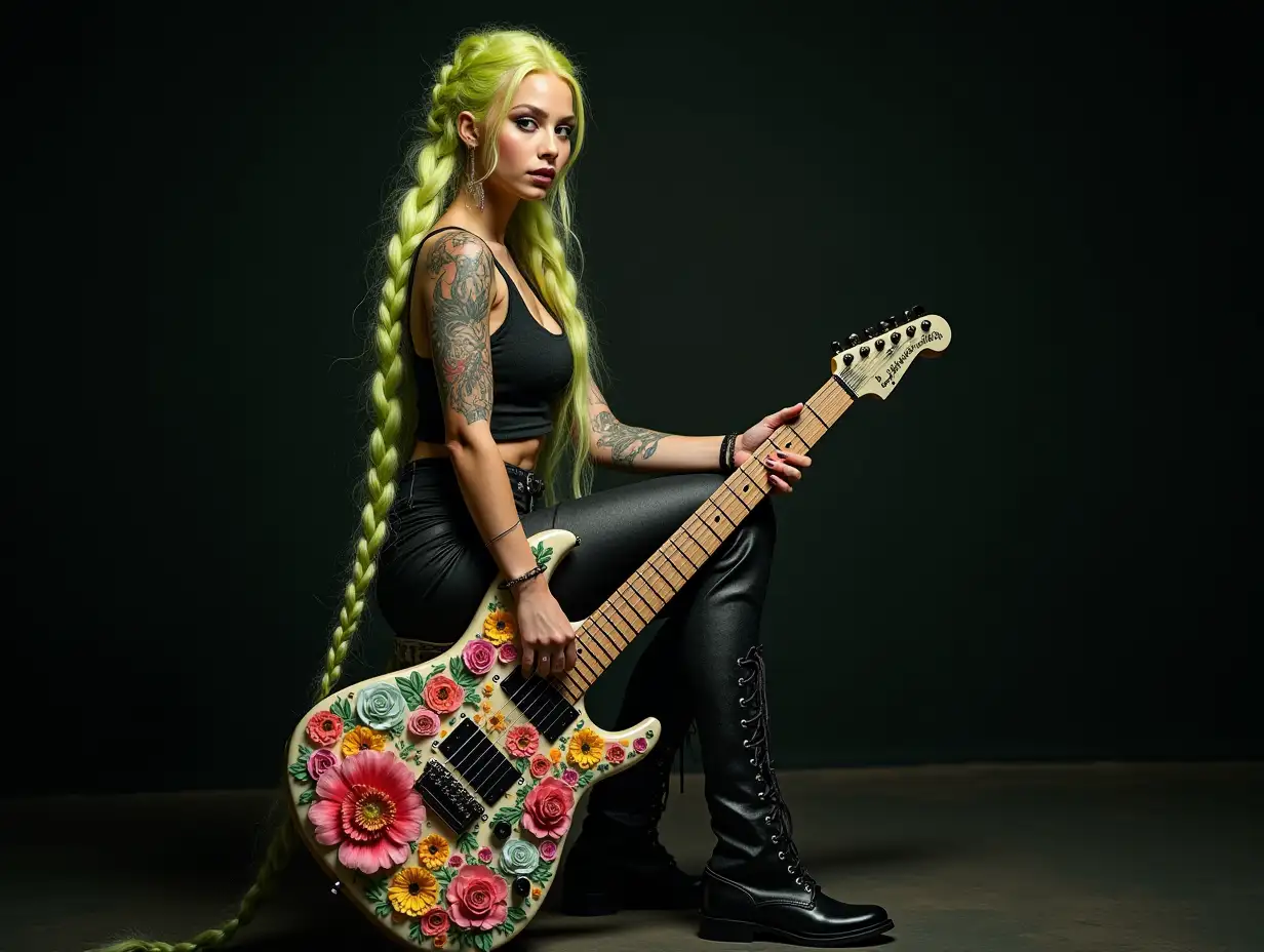 user_prompt: Hyperrealistic representation of a beautiful white woman with -tattoo, futuristic long mixed green yellow braided hair and laced boots, holding in her hand an electric guitar decorated with elaborately detailed, colorful and futuristic flowers. Blurred black background 120-mm shot