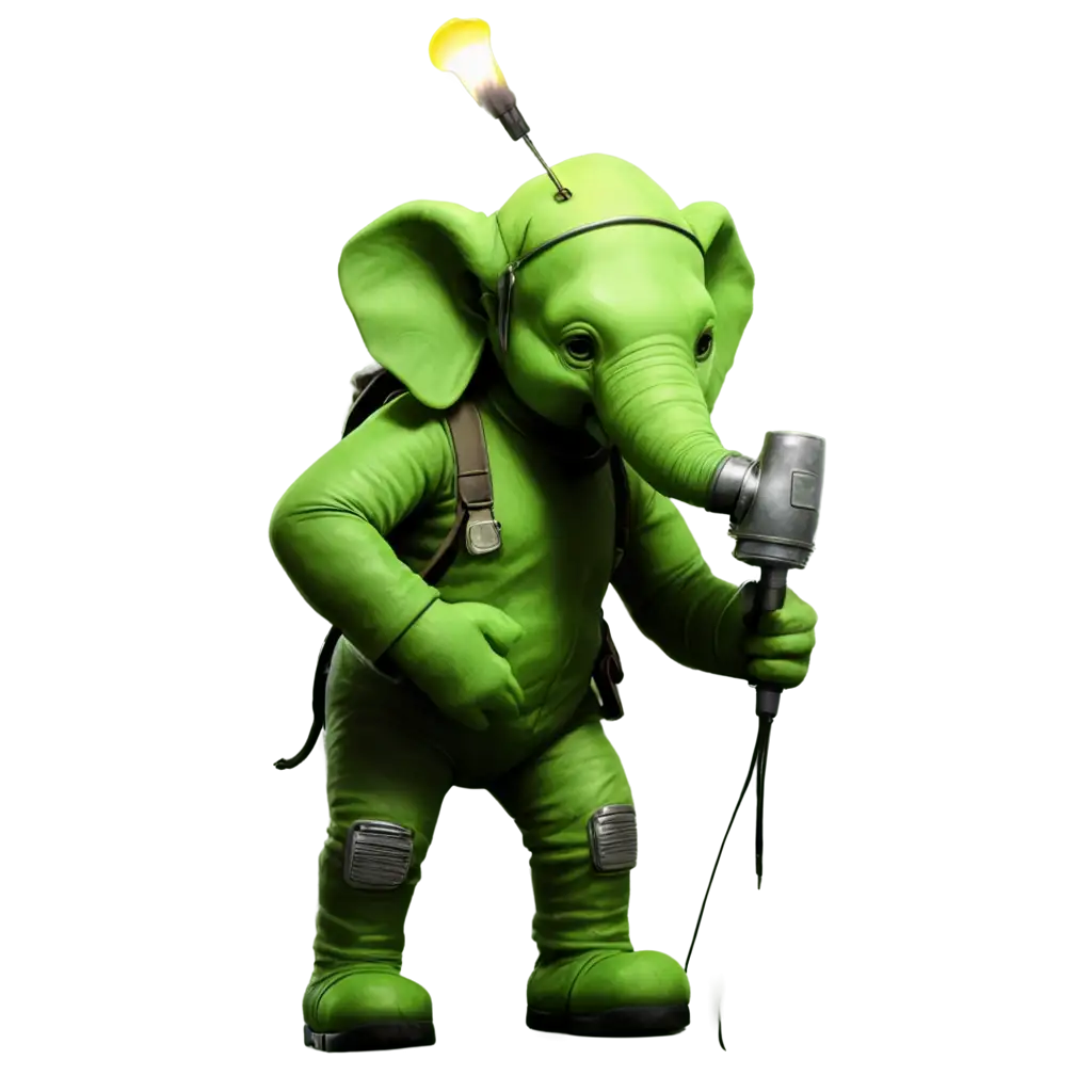 Fluorescent green elephant with welder mask and a welding torch in hand