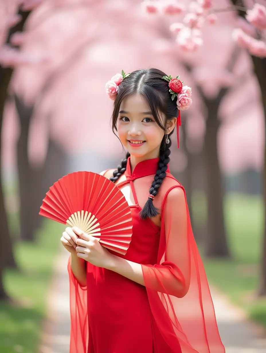 Gorgeous-Girl-in-Cherry-Blossom-Park-Posing-with-Folding-Fans-in-Red-Qipao