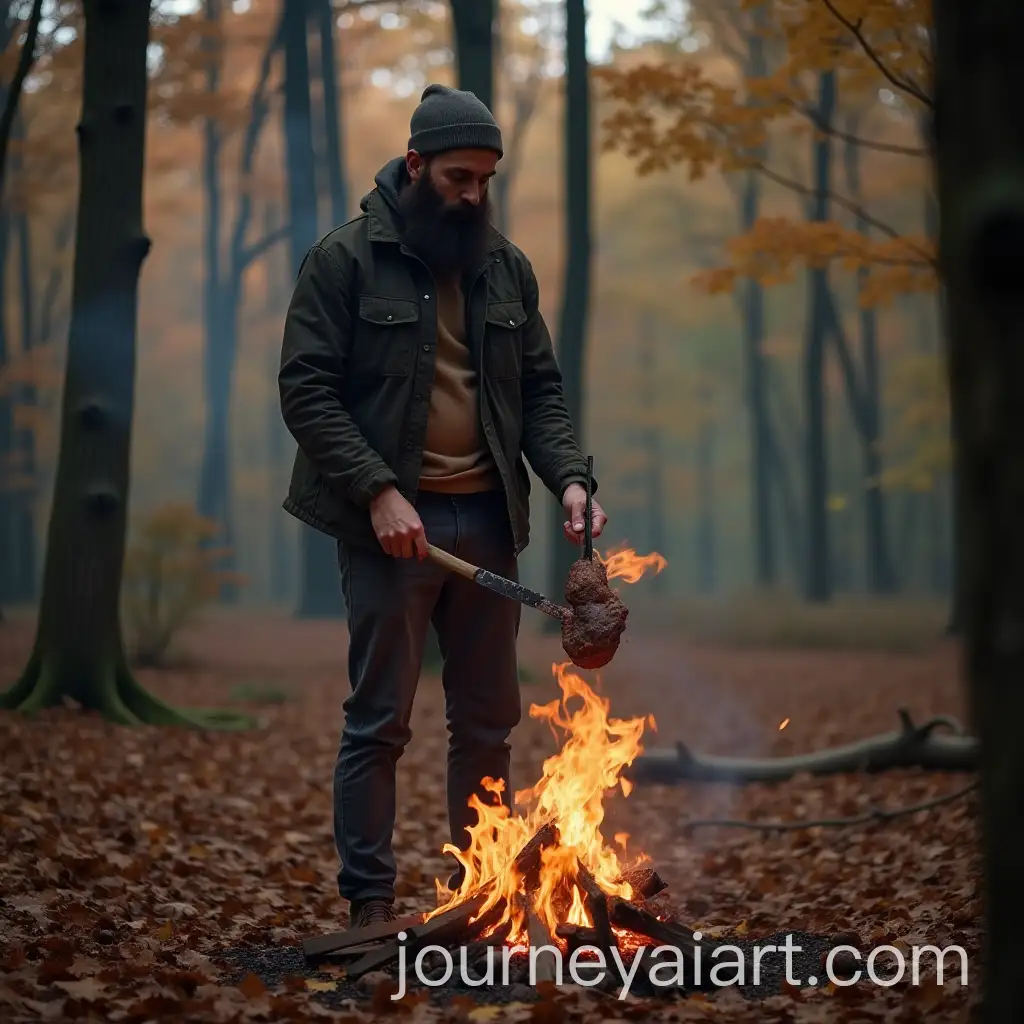 Tall-Bearded-Man-Roasting-Meat-Over-Fire-in-Autumn-Forest
