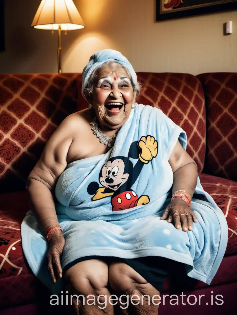 Laughing-97YearOld-Indian-Woman-in-Mickey-Mouse-Towel-and-Diamond-Ornaments