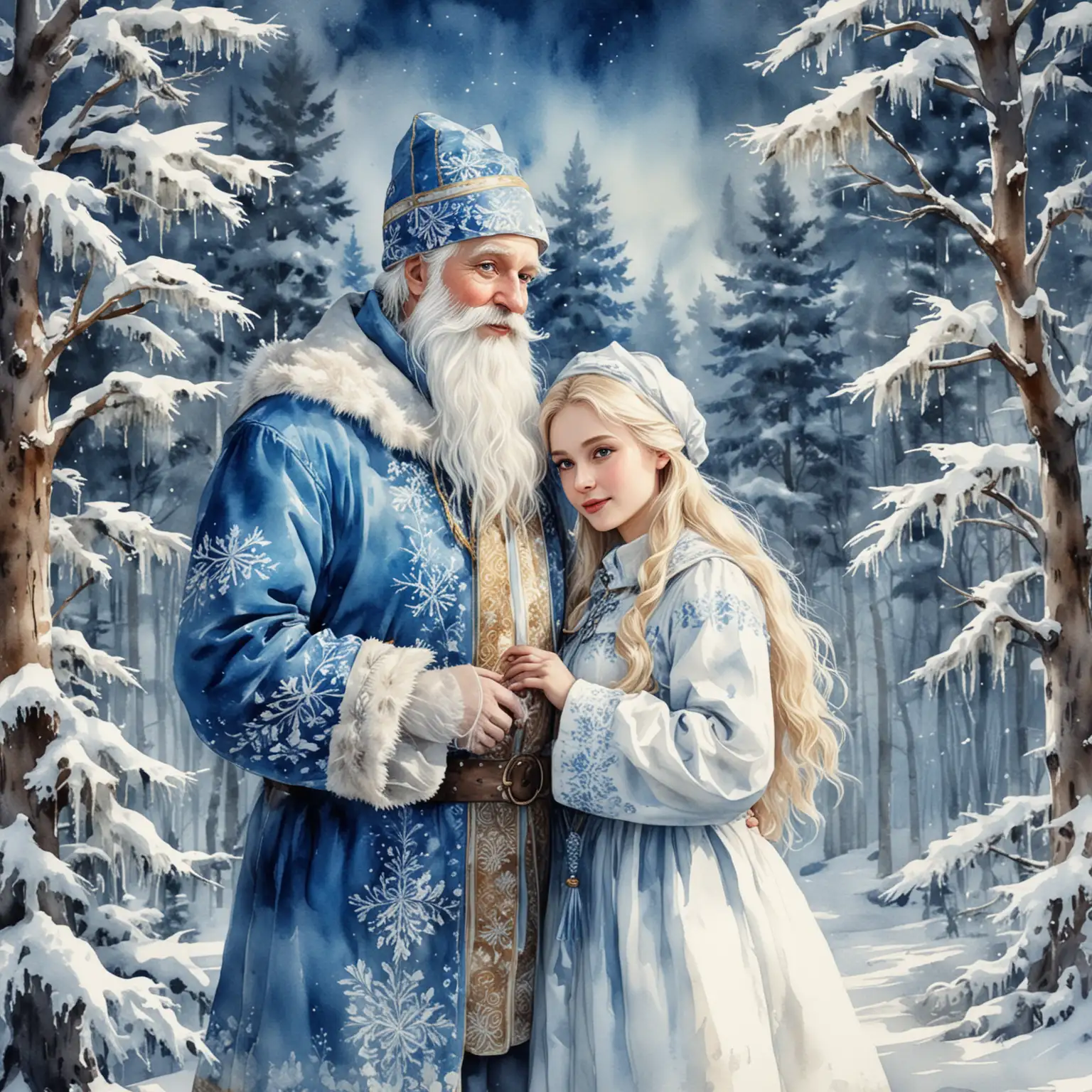 Father-Frost-and-Snow-Maiden-with-New-Years-Tree-in-Watercolor-Style