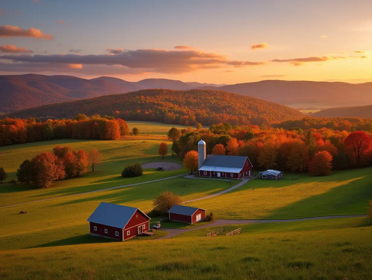 Colorful-Autumn-Landscape-with-Farm-and-Pastureland-at-Sunset