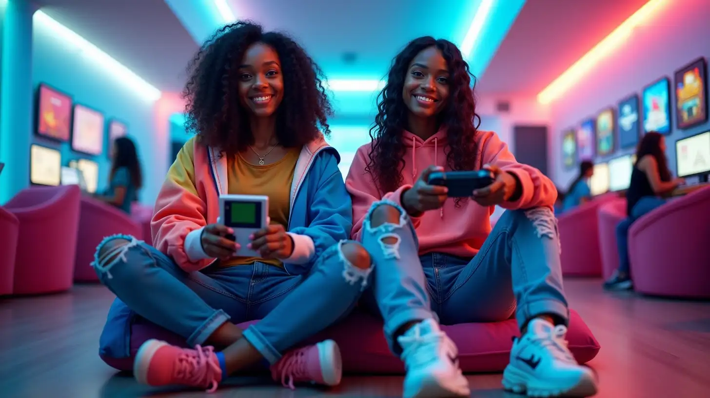 Futuristic Gamer Girls in Retro and Gen Z Style Gaming Lounge