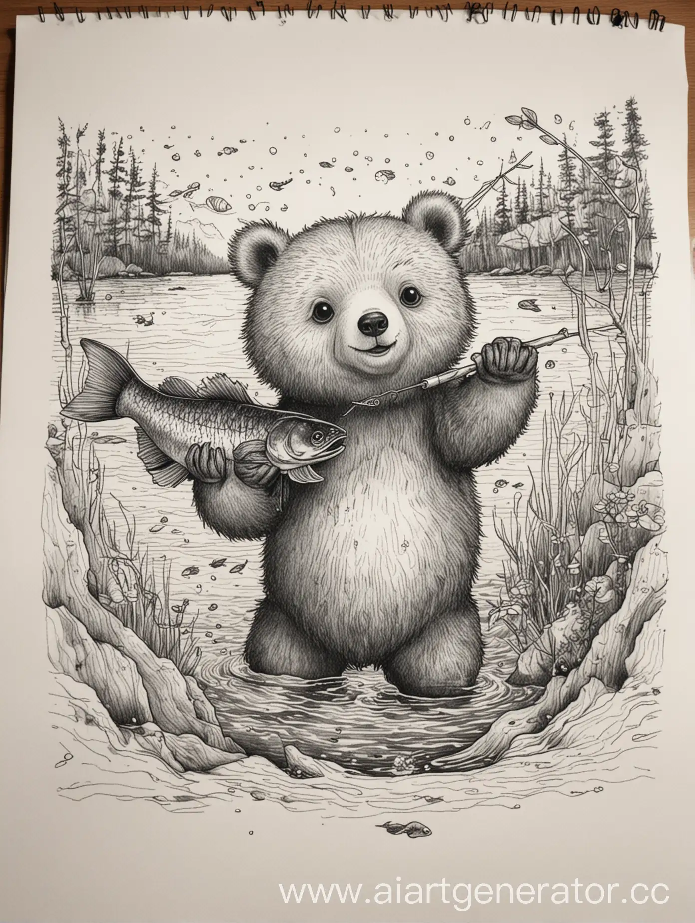 Adorable-Bear-Catching-Fish-Drawing-in-Black-Marker