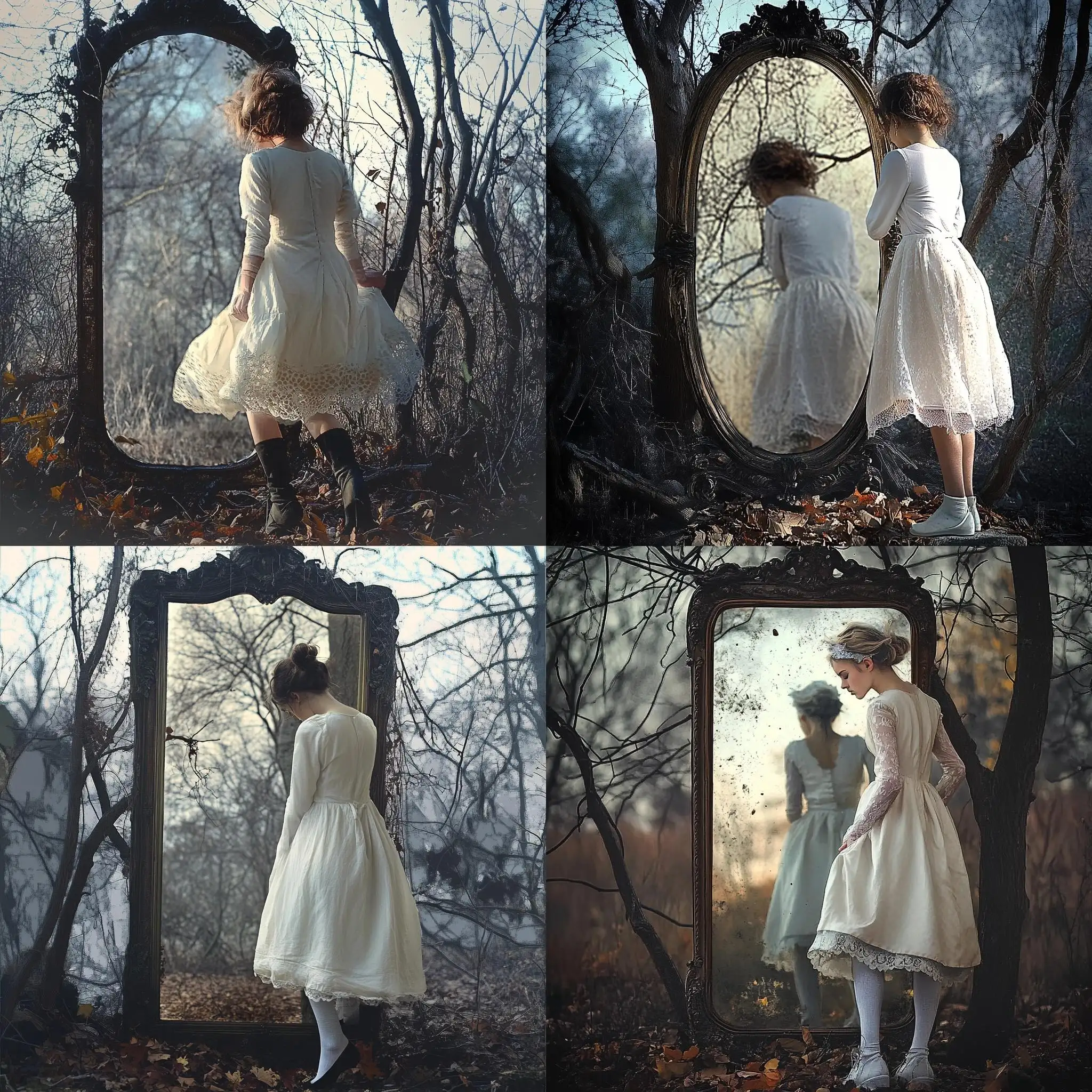 Girl-in-White-Dress-Reflecting-Before-Mirror-with-Fallen-Branches-and-Dry-Leaves