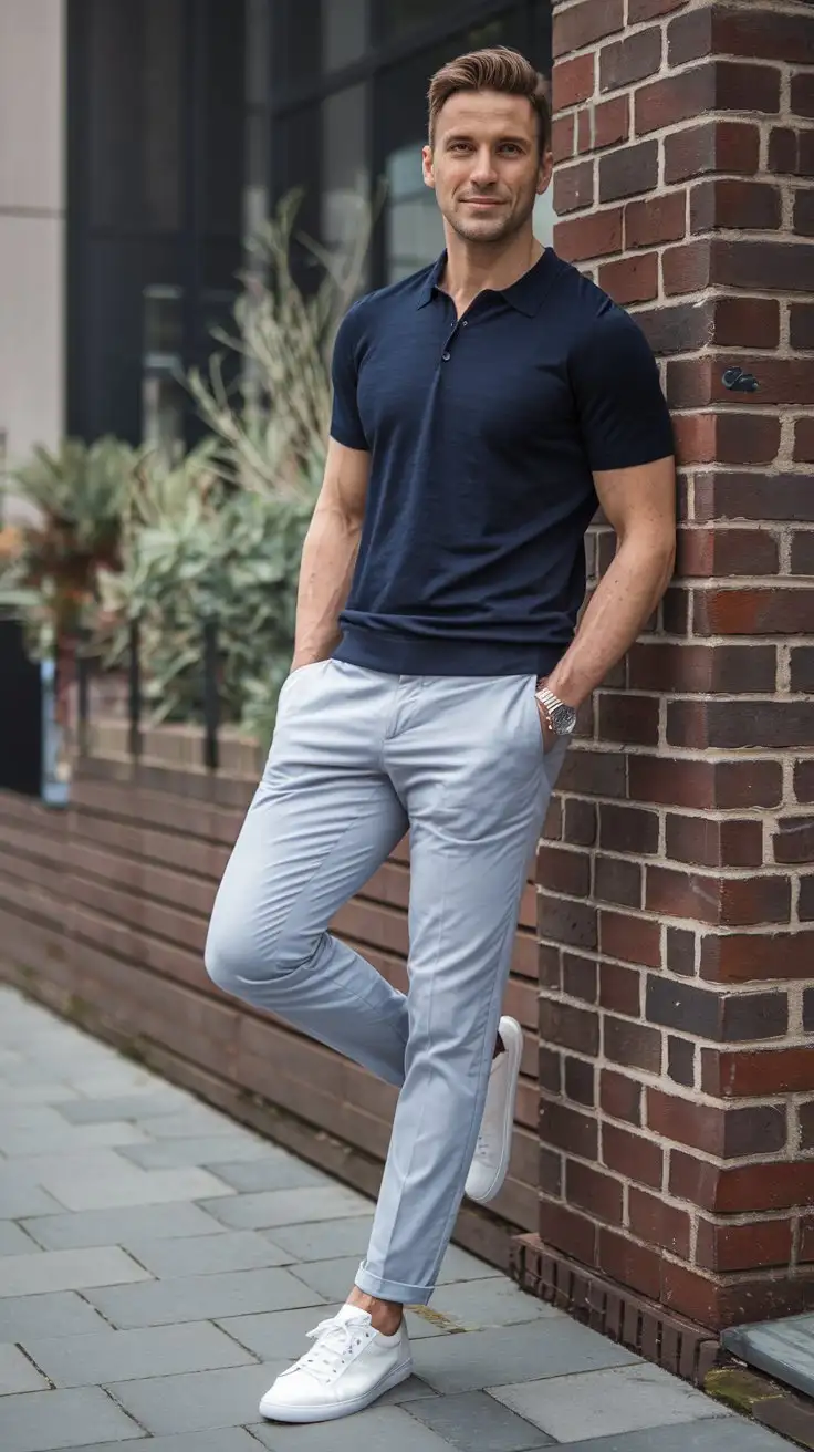 Handsome-Man-in-Navy-Blue-Knit-Polo-Shirt-and-SlimFit-Chinos-in-Urban-Setting