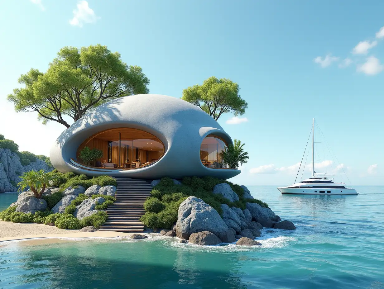 Create a high-resolution, realistic panorama image of a futuristic terrace building with steps to the sea window snail house with many plants and gray and brown facades a yacht on the sea waves, large trees, blue sky