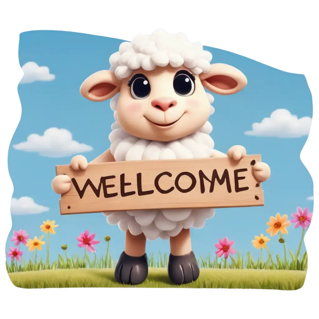 Cute-Fluffy-Cartoon-Sheep-PNG-Welcome-to-the-Farm-Signboard-Image-for-Kids