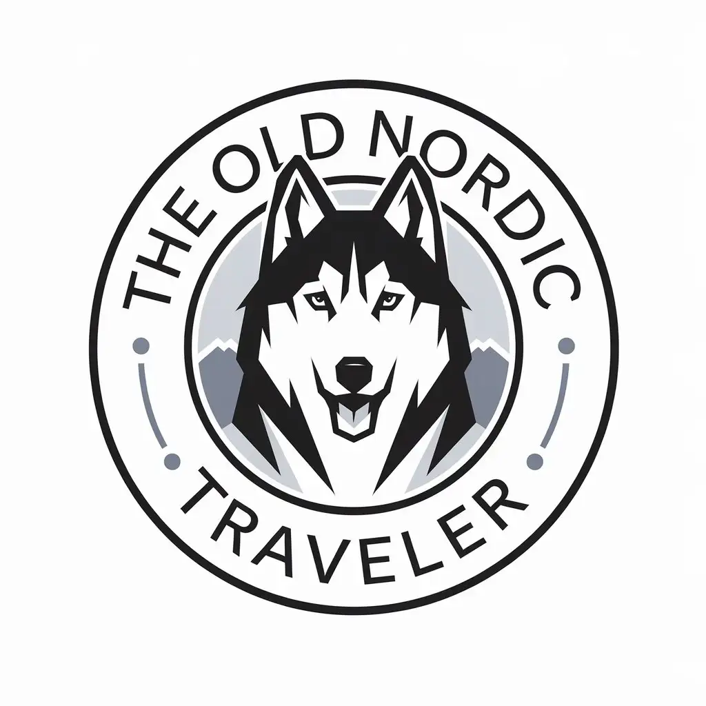 LOGO Design for The Old Nordic Traveler Husky Mascot with Arctic Blue and White Suitable for Travel Industry