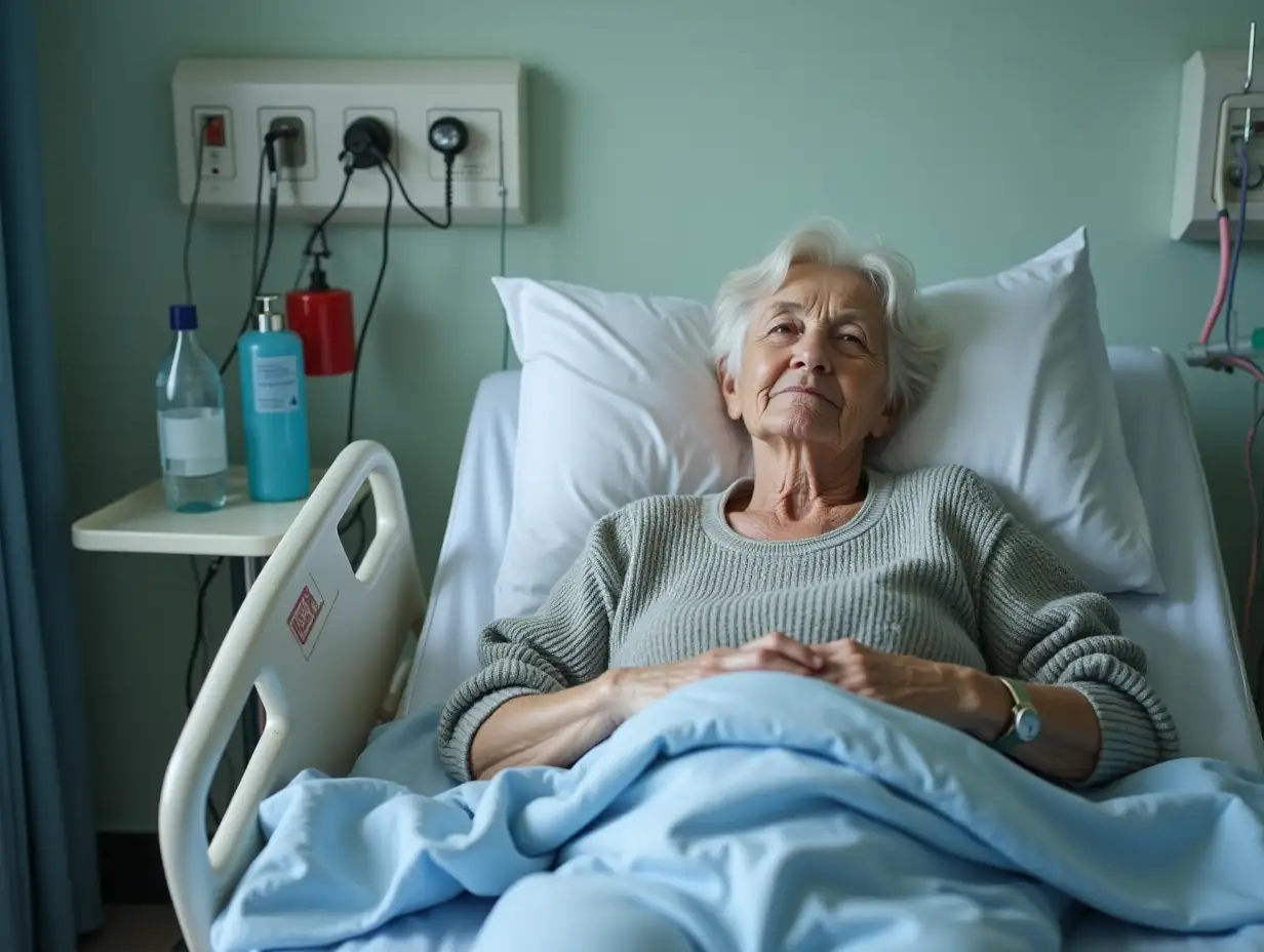 Sick, elderly senior woman in a hospital bed