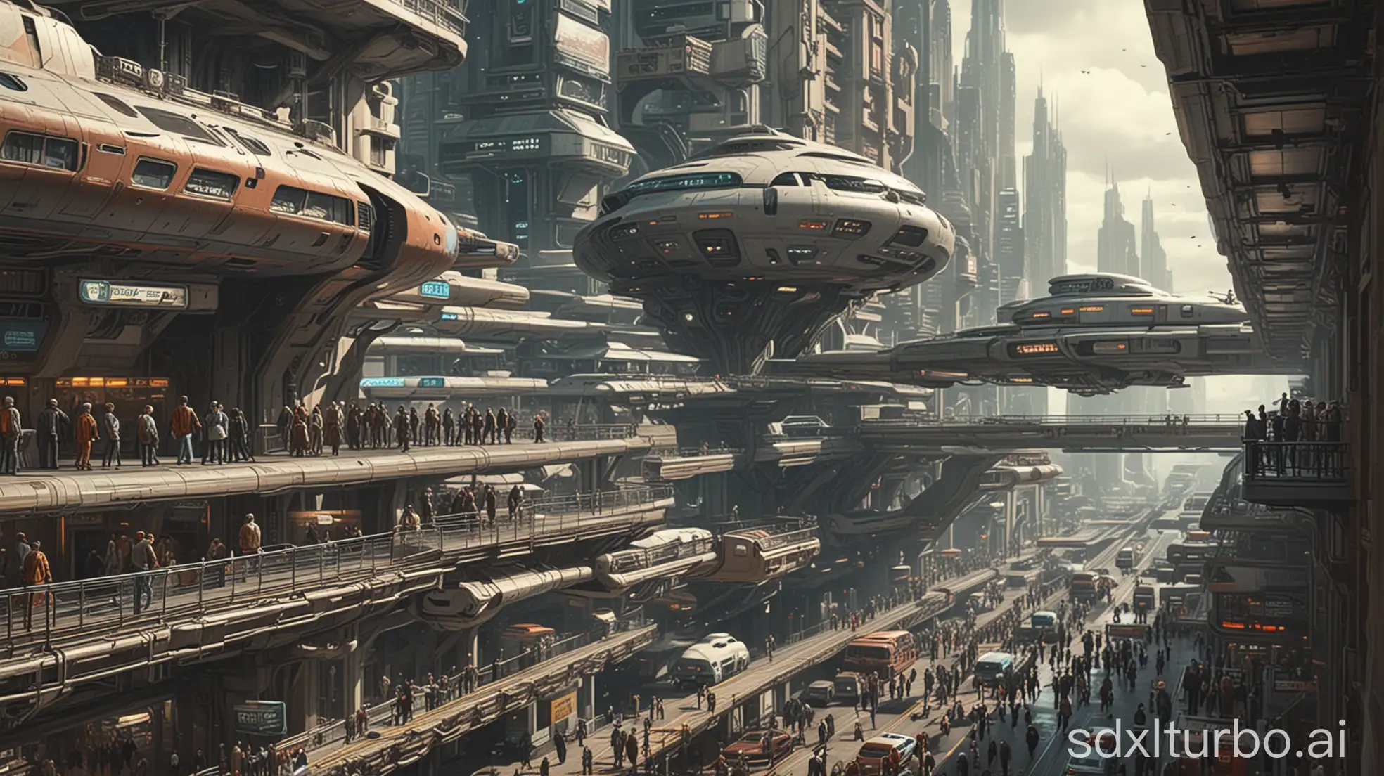 Futuristic-Retro-SciFi-City-with-Flying-Cars-and-Elevated-Walkways