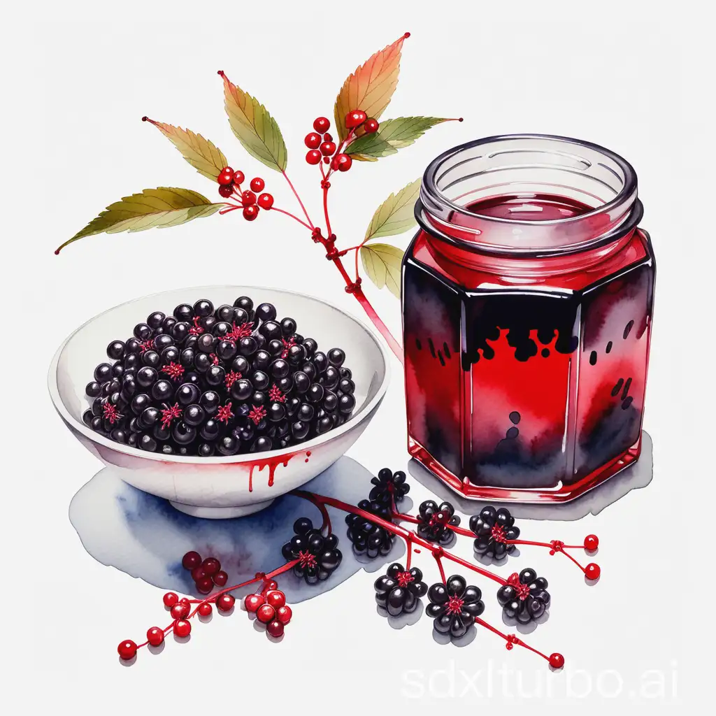 Traditional-Chinese-Ink-Painting-of-Elderberry-Jam-Tea-with-Vibrant-Red-Elderberries