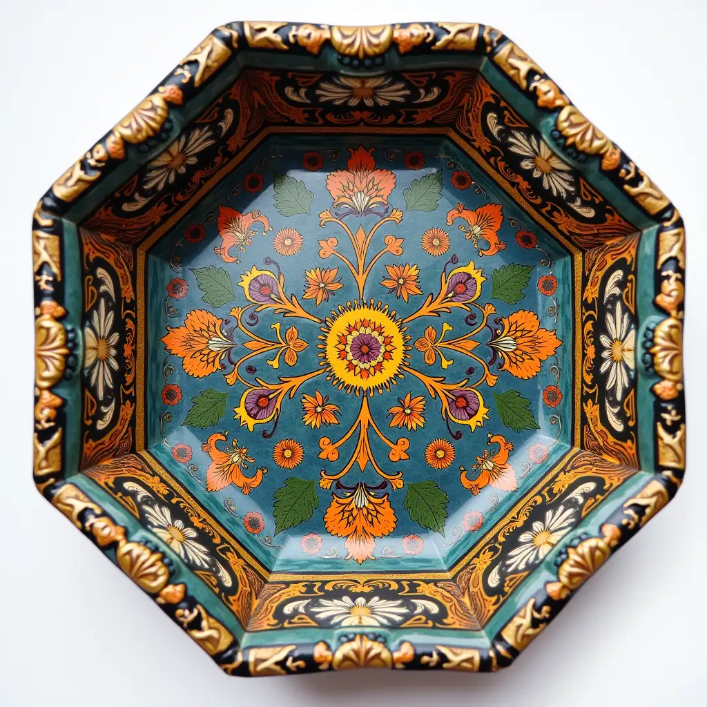 Octagonal with rounded corners ceramic serving dish with embossed beautiful handle, Fine art, Hyper detailed, Antique and old, Qajar art, Iranian Tabriz carpet design