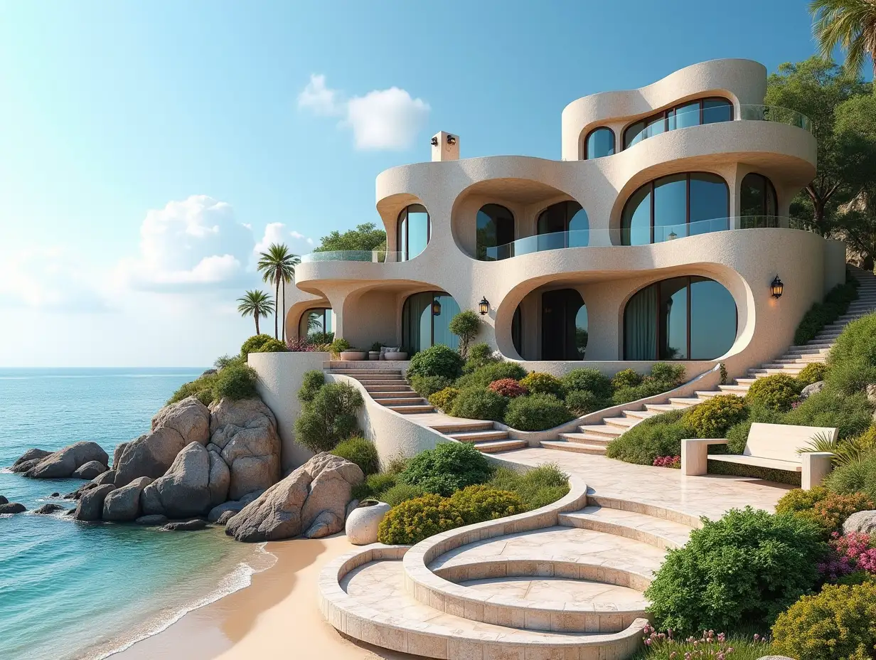 Crooked house with steps to the beach  Planting-with stucco in the form of plant decoration, large windows with glass closed, curved, smooth window shapes, winding grand entrance stairs made of marble complex, curved roof with dike, lanterns, bench on the beach with  lend their view to the sea  4K resolution colorful super wide-angle shots