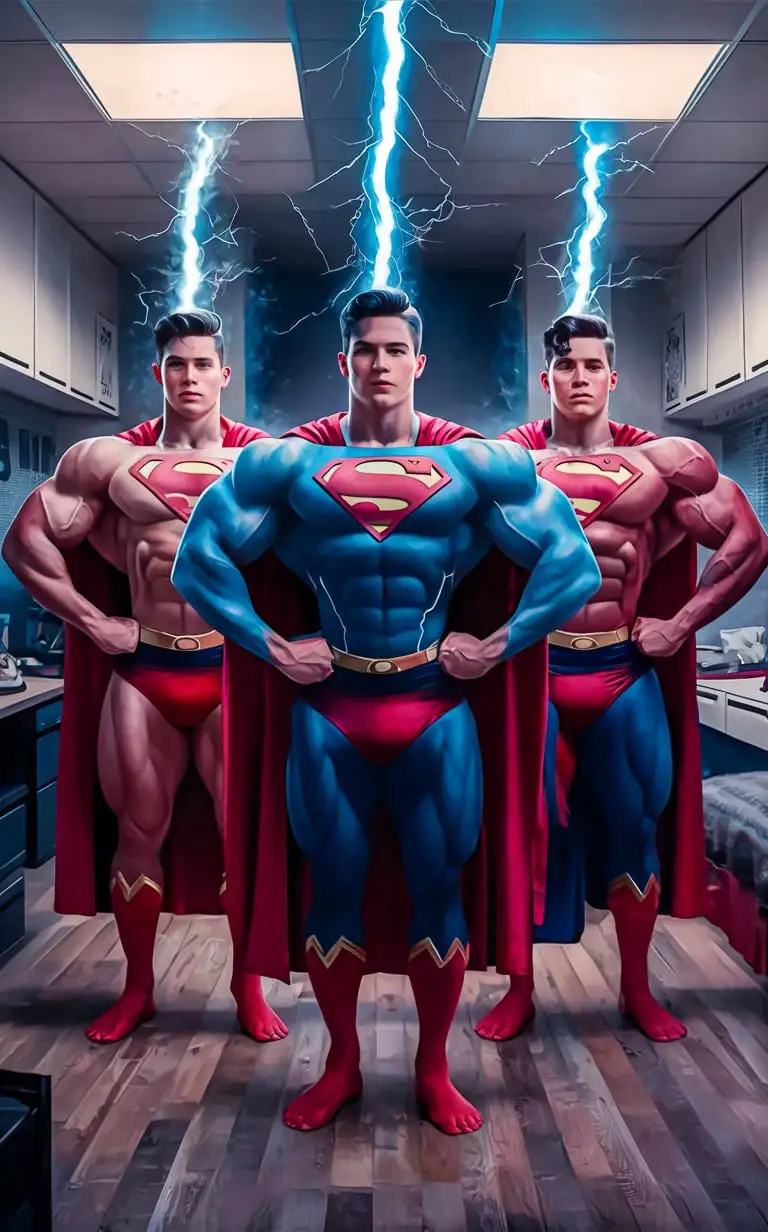 Three-Supermen-in-Dorm-Room-Electrified-by-Blue-Lightning