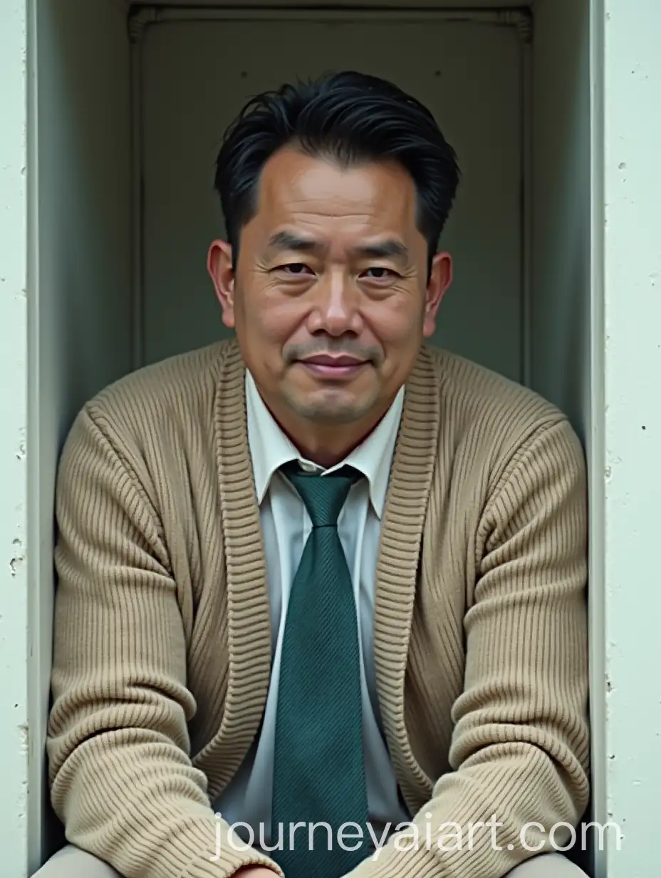Somber-Man-in-Beige-Cardigan-and-Teal-Tie-Inside-White-Container
