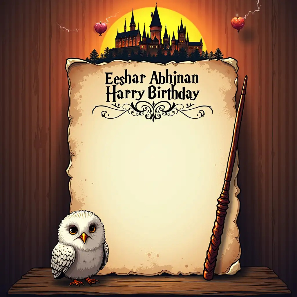 Harry potter themed birthday invitation card, with Harry Potter's wand on right side (must), lightning mark on top left, must show 
Hogwarts School of Witchcraft and Wizardry on the top with bright color, and Hedwig towards the left bottom. 
Make sure to have the correct text from within quotes.
First line of text " Eeshan (abhijnan) is turning 8, Harry Birthday!!!"
second line of text "Join us in this magical celebration with slice of Pizza and Pepperoni"
Third line of text "On 24th Nov, sunday"
Fourth line "Pizza hut, BDA Complex, HSR"
Fifth Line 