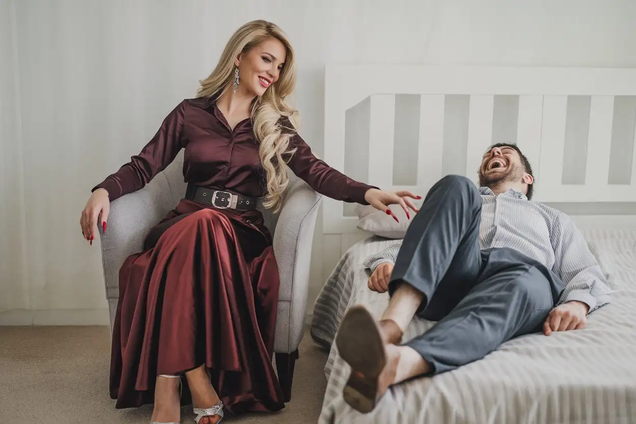 Smiling-Woman-Gently-Touching-Husbands-Feet-While-He-Laughs-on-Bed