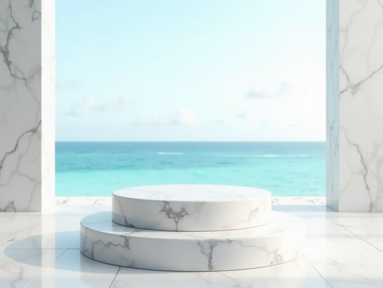 Elegant-White-Marble-Podium-Showcases-Products-Against-a-Sea-Landscape