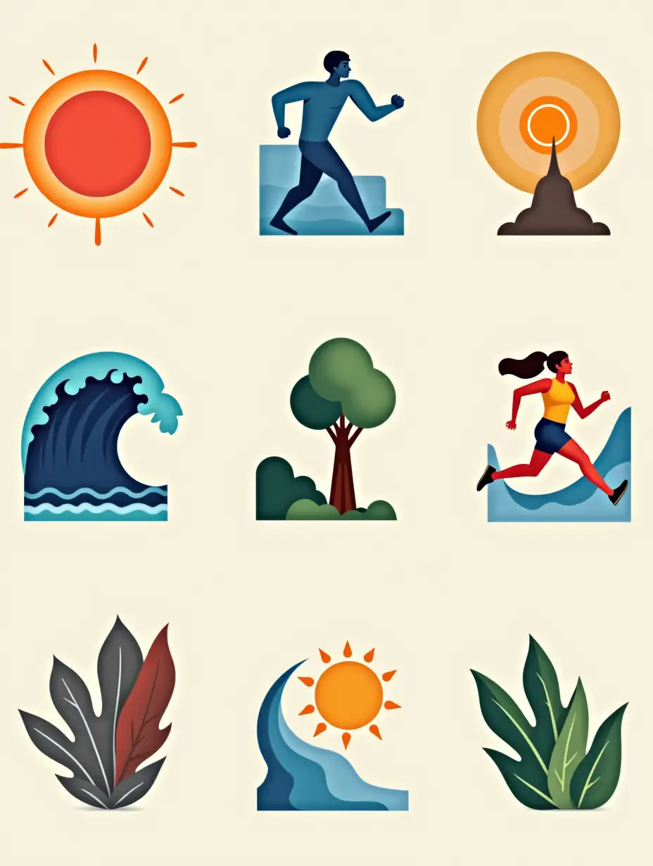 Vibrant icons: stylized sun, wave, tree.  Stylized runner woman: bold lines, bright colors.  Abstract backgrounds: swirling shapes, muted tones.  Dynamic compositions: overlapping forms, energetic lines.