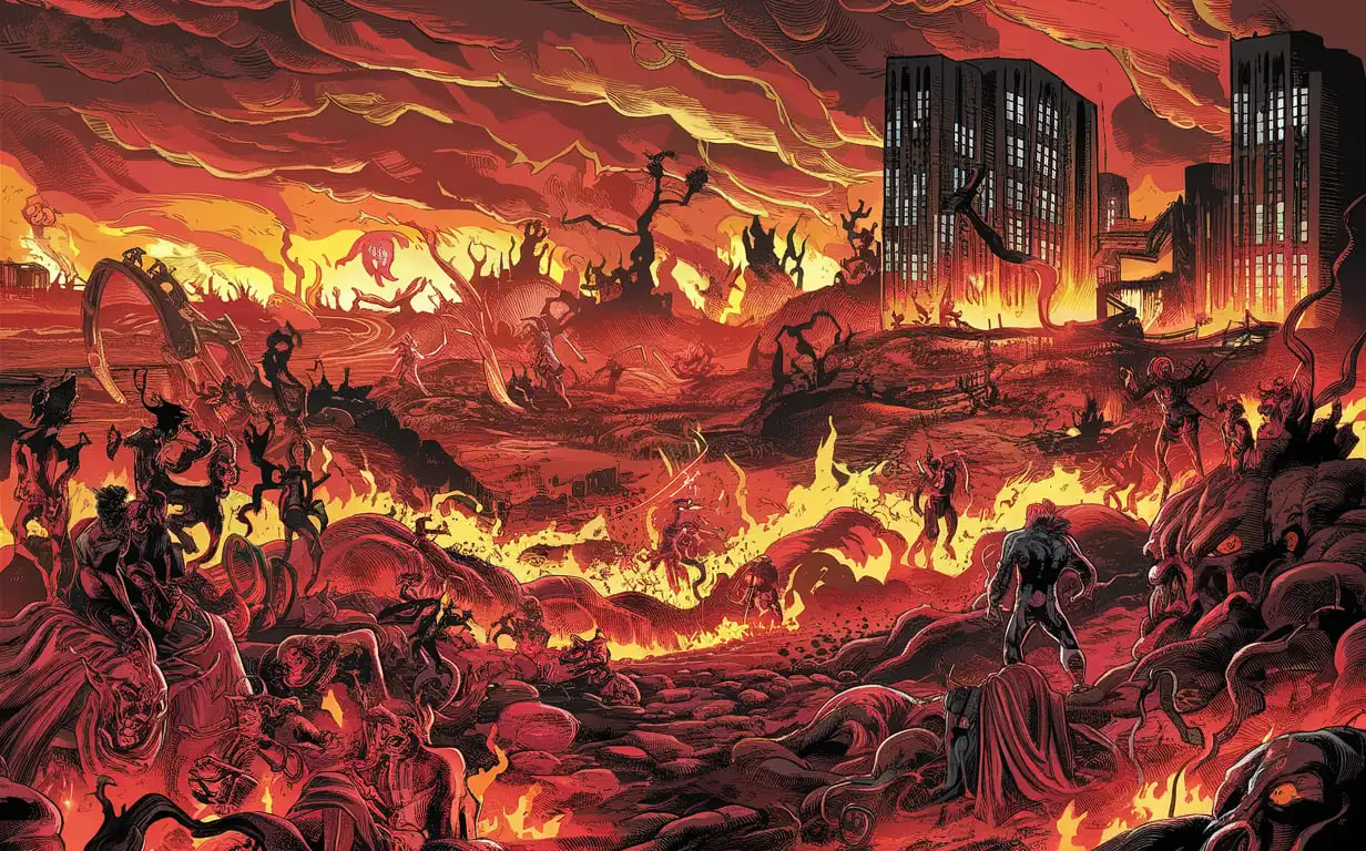 Vibrant Comic Book Art of Hell with Office Buildings