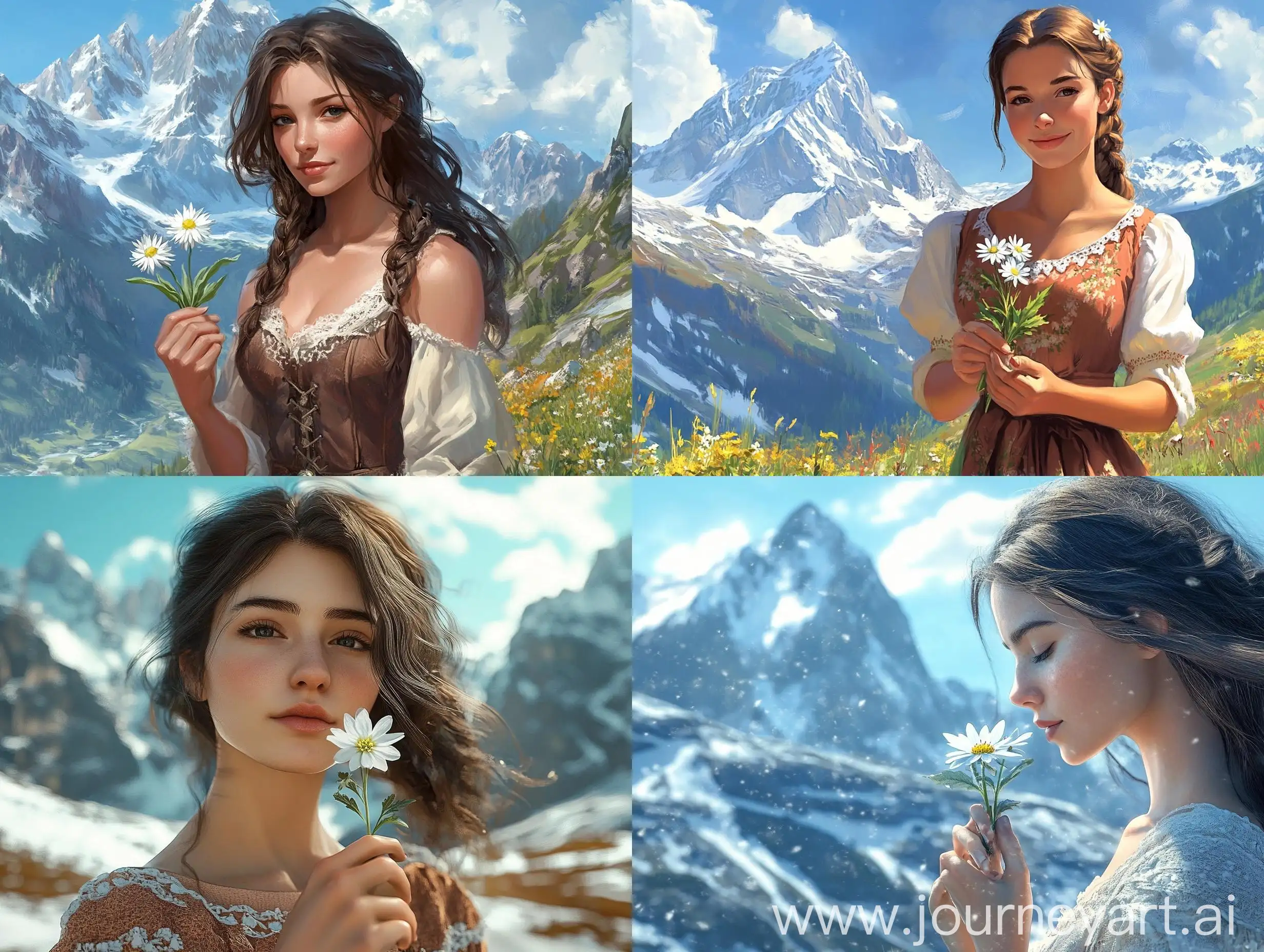 Brunette-Girl-Holding-Edelweiss-Flower-with-Snowy-Mountain-Background