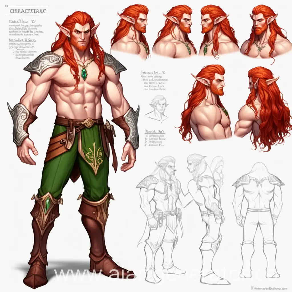 : character sheet, elf muscularc haracter, hairy chest, long wavy red hair, digital art.