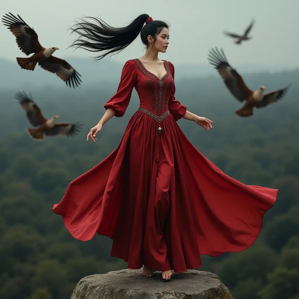 Full length portrait of a beautiful medieval woman. She has a black ponytail, slender and beautiful. She has big brown eyes, bushy eyebrows, a thin upper lip, and a slight smile. She is wearing a red silk dress, with intricate elements, blowing in the wind, has medium breasts, and long beautiful legs. She is dancing on a flying island rock high in the sky. Behind her is a dark forest. Eagles are flying around her, wide shot photogafy, realistic.