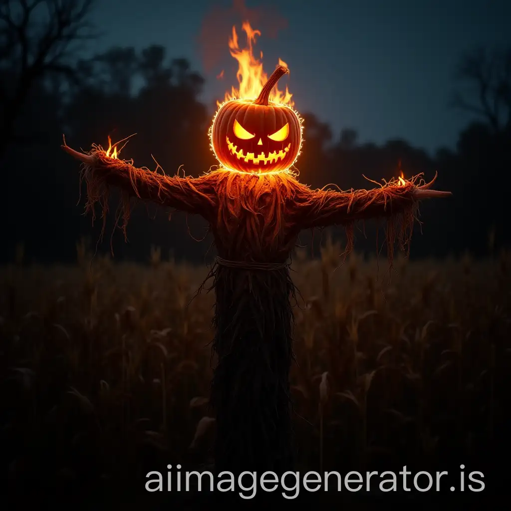 full body Scary Jack o lantern head tree glowing scarecrow flaming. Haunted corn feild outside background. Night. 4K. 8K