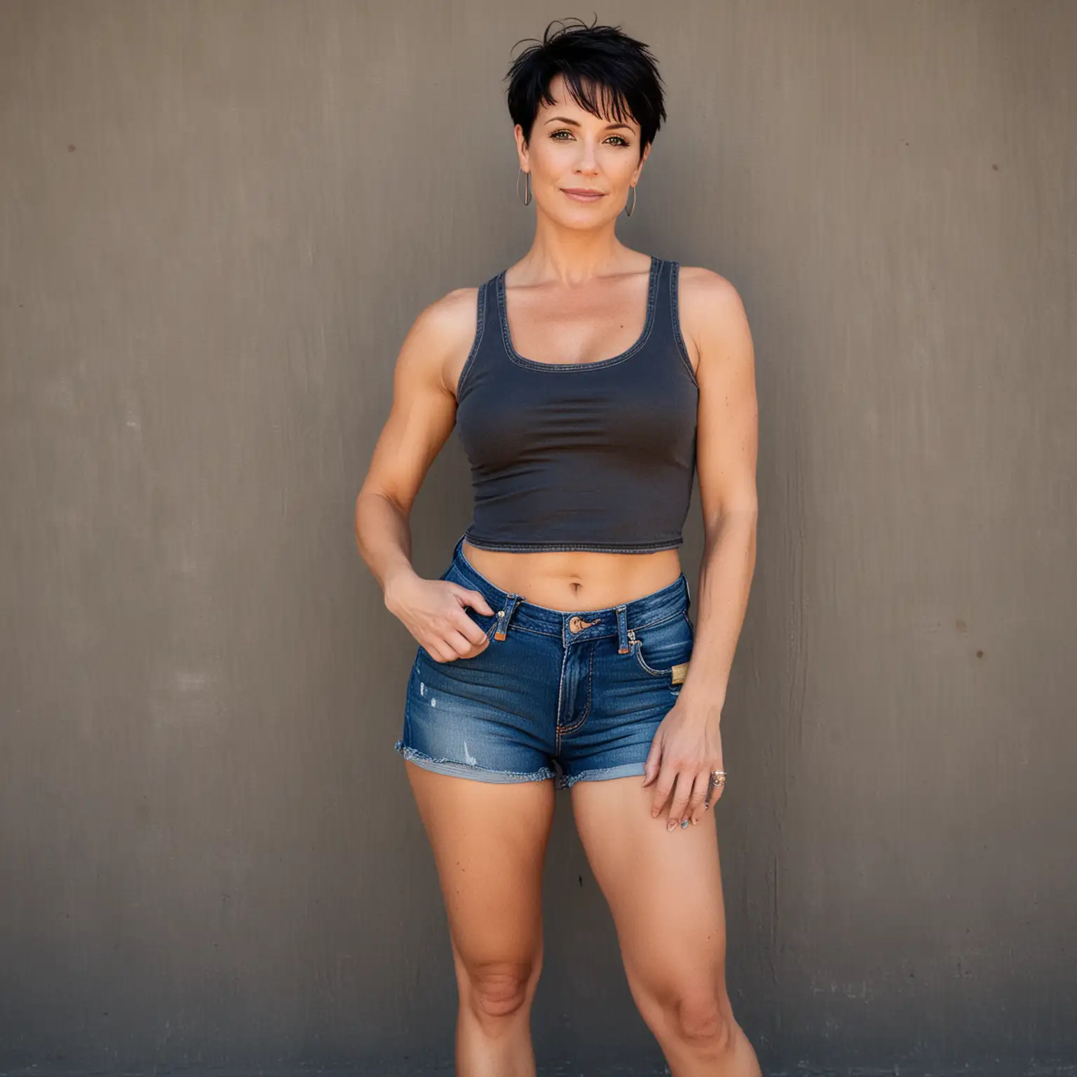 Athletic-40YearOld-Woman-in-Crop-Top-and-Jean-Shorts-Showing-Muscular-Legs