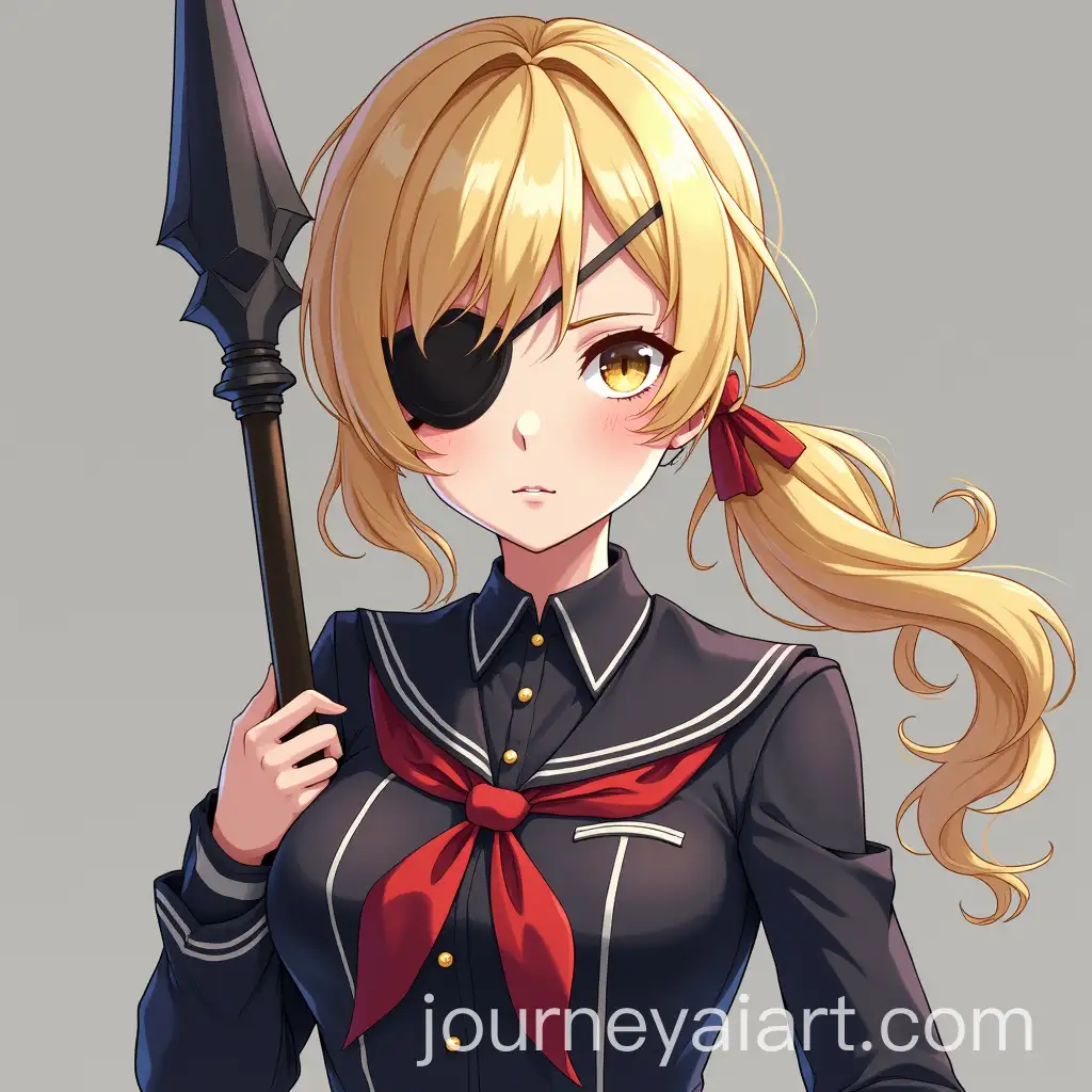 Anime-Woman-with-Blonde-Hair-and-Eye-Patch-Holding-Spear-in-Dark-Kingdom-School-Uniform