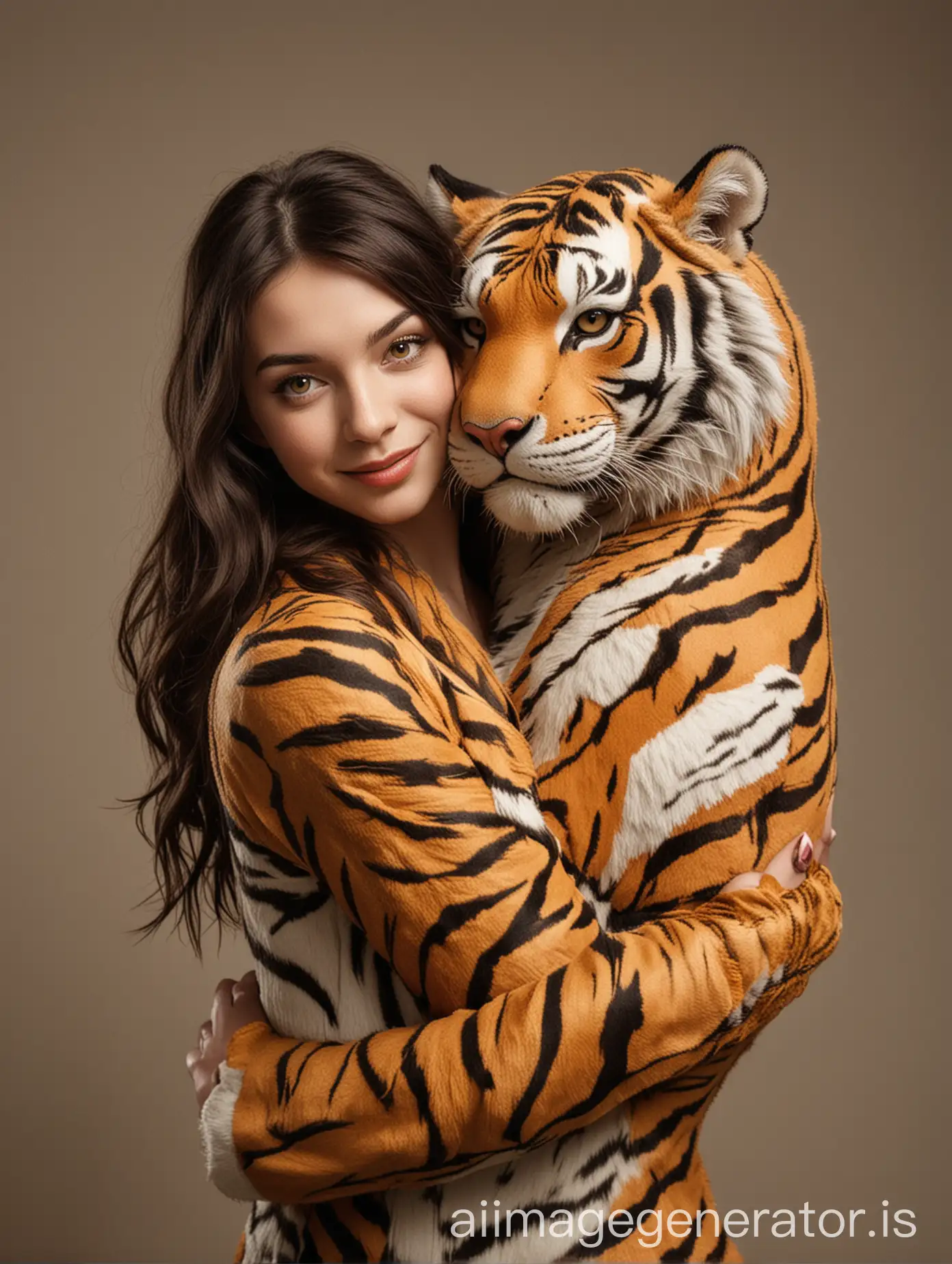 A brunette is hugging a Anthropomorphic female tiger.