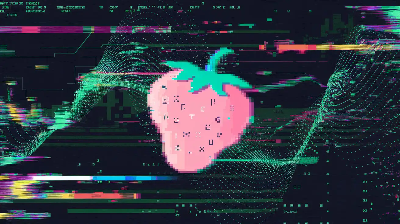 Kawaii Style Glitchy Strawberry on Digital Background