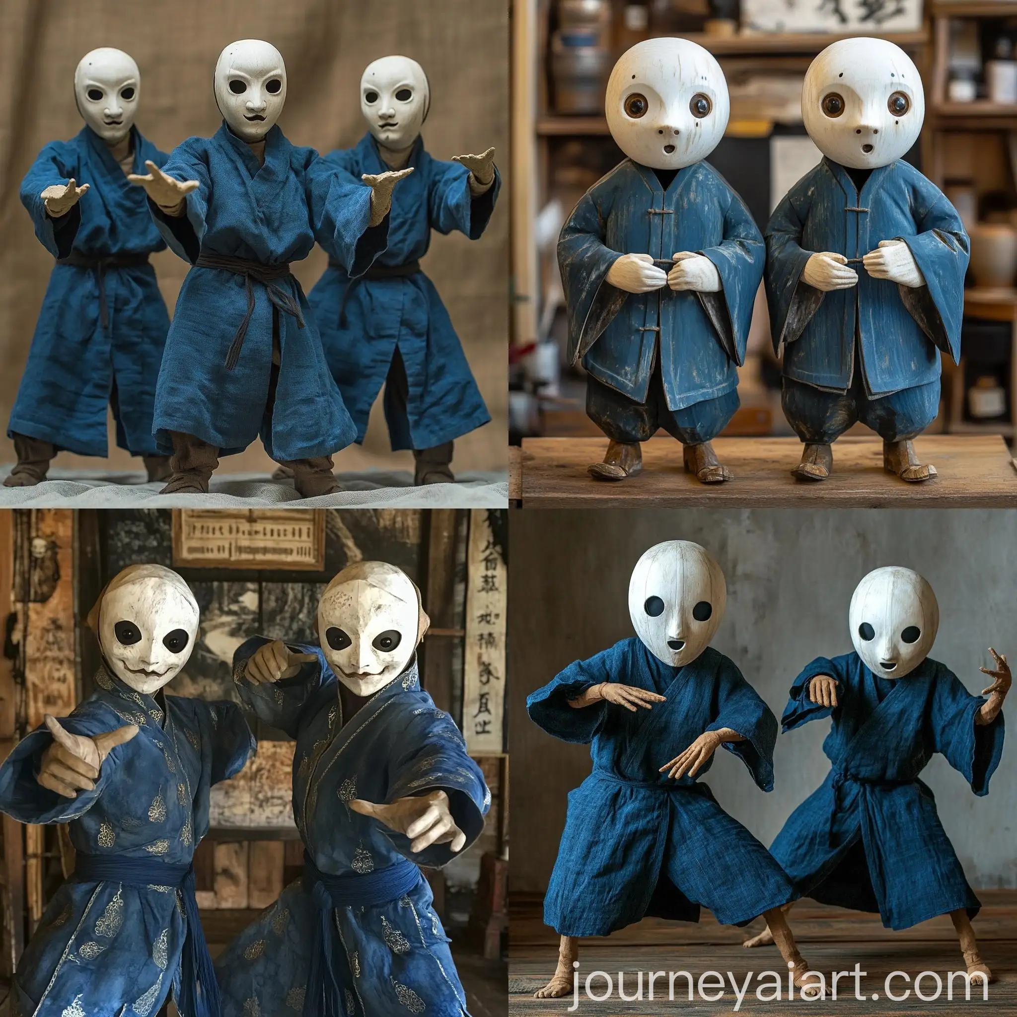 Wooden-Puppet-Martial-Artists-in-White-Masks-and-Blue-Clothing