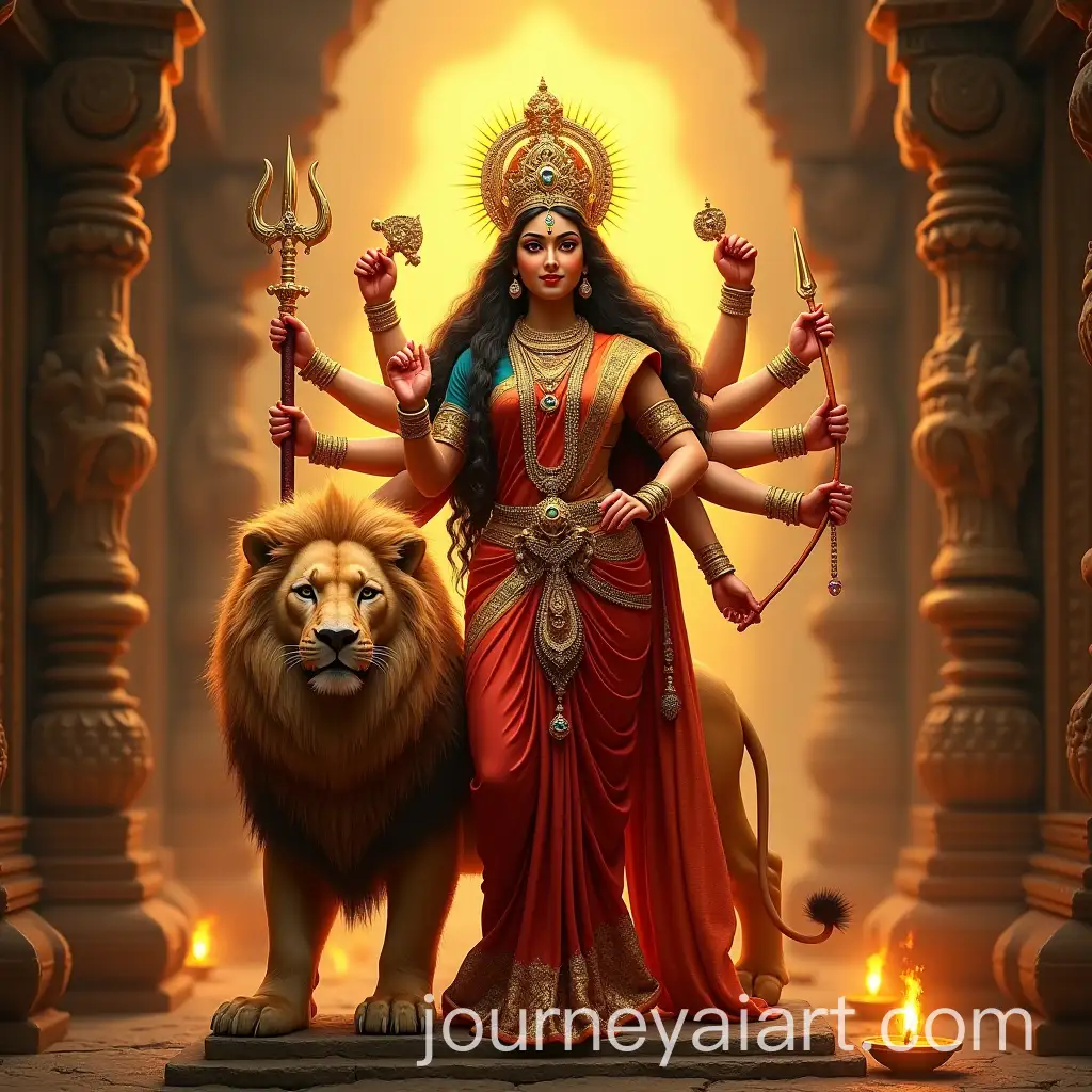 Majestic-Goddess-Durga-Standing-in-an-Ancient-Temple-with-Radiant-Presence