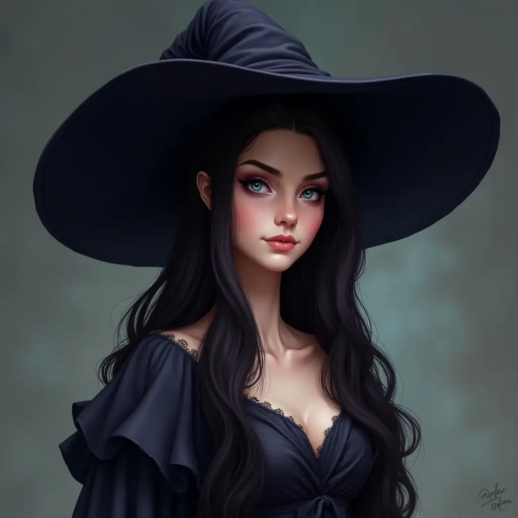 Photo portrait, 75 mm, rendering, long dark hair, big round witch hat, blue eyes, elegant dress, D&D character, sorcerer class