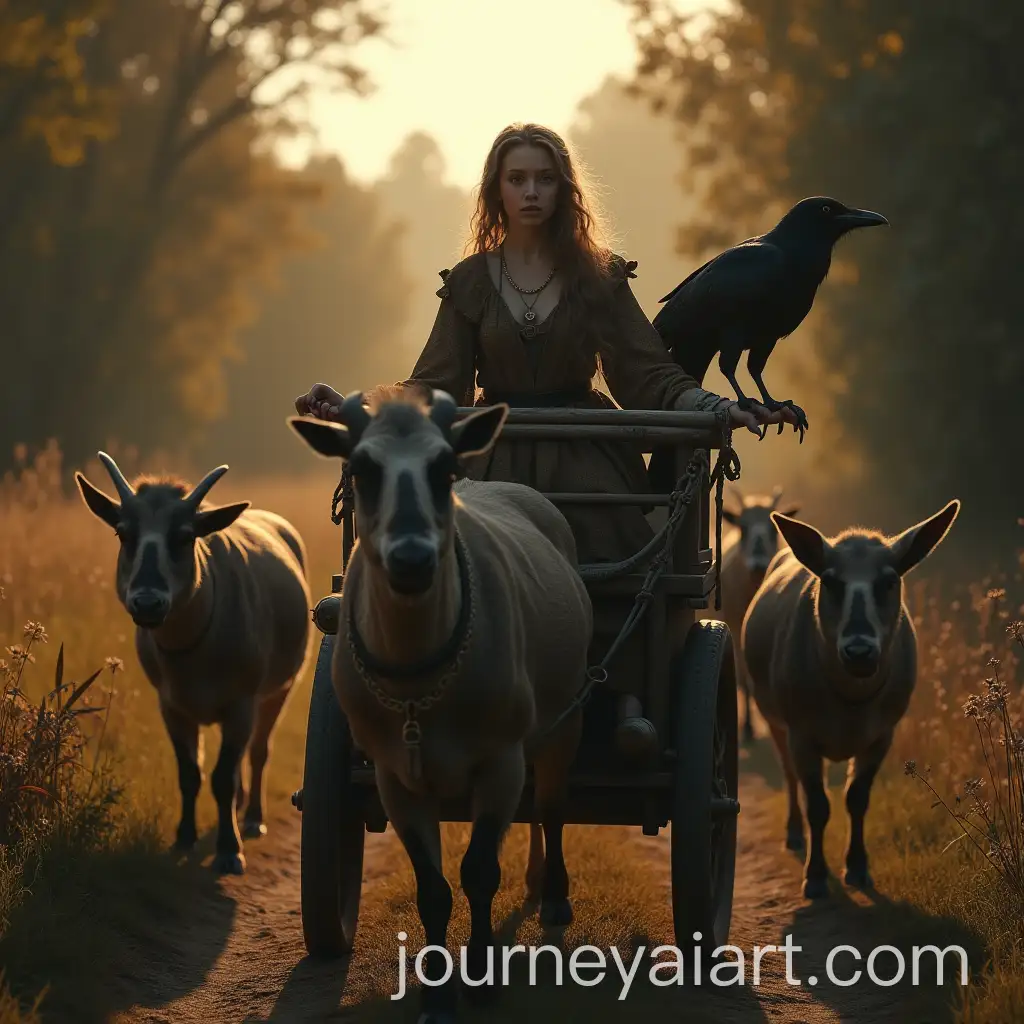 Medieval-Girl-on-Chariot-Pulled-by-Goats-and-Boars-in-Sunlit-Countryside