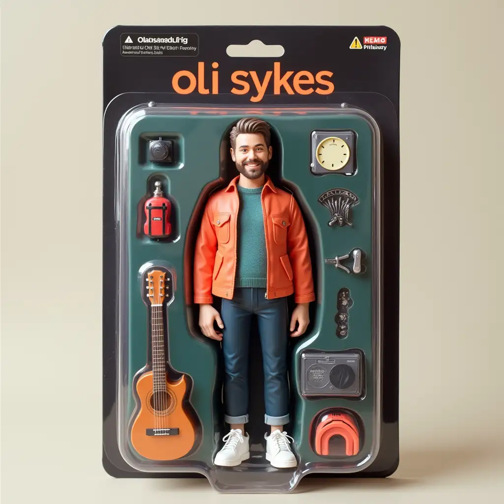 Use this photo of me to create an action figure of myself in a blister pack, in the style like a premium collectible toy. The figure should be standing up and have a relaxed, friendly smile. The blister pack should have a header with the text ‘oli sykes’ in large letters and a subheading of ‘[SUBHEADING]’ below it. Include accessories in compartments to the side of the figure: микрофон, электрогитара, сигарета