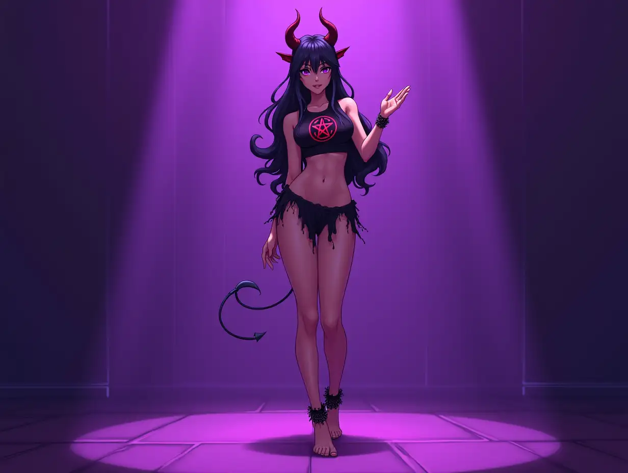 An ultra HD anime full bodied 2d drawn character sheet image of a female demon with devil horns standing in a room with a purple background and purple lighting. She has an attractive, skinny body. The demon is wearing a black tank top with a red pentagram logo in the center, a black tattered loincloth, black anklet chains, and is barefoot. She has long, dark hair, wears heavy makeup, and is making a hand gesture.