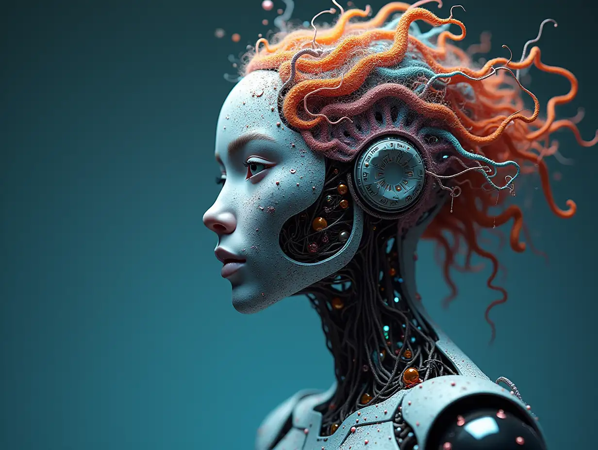 Create a high-resolution, realistic image of an artificial intelligence Fractal colored Fractal humanoid robot, on the photo studio floor with a 4-k resolution. Fractal Hair