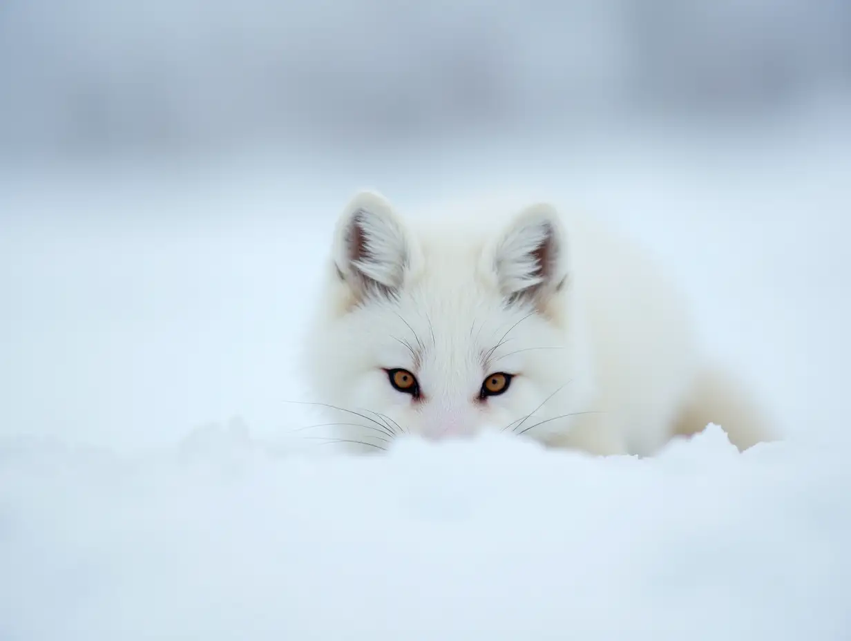 Little White arctic fox (Vulpes Lagopus) peeking on the snow. clean and bright snow. generative ai