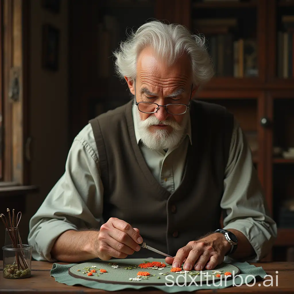 Elegant-Grandfather-Embroidering-Spring-with-a-Sharp-Knife