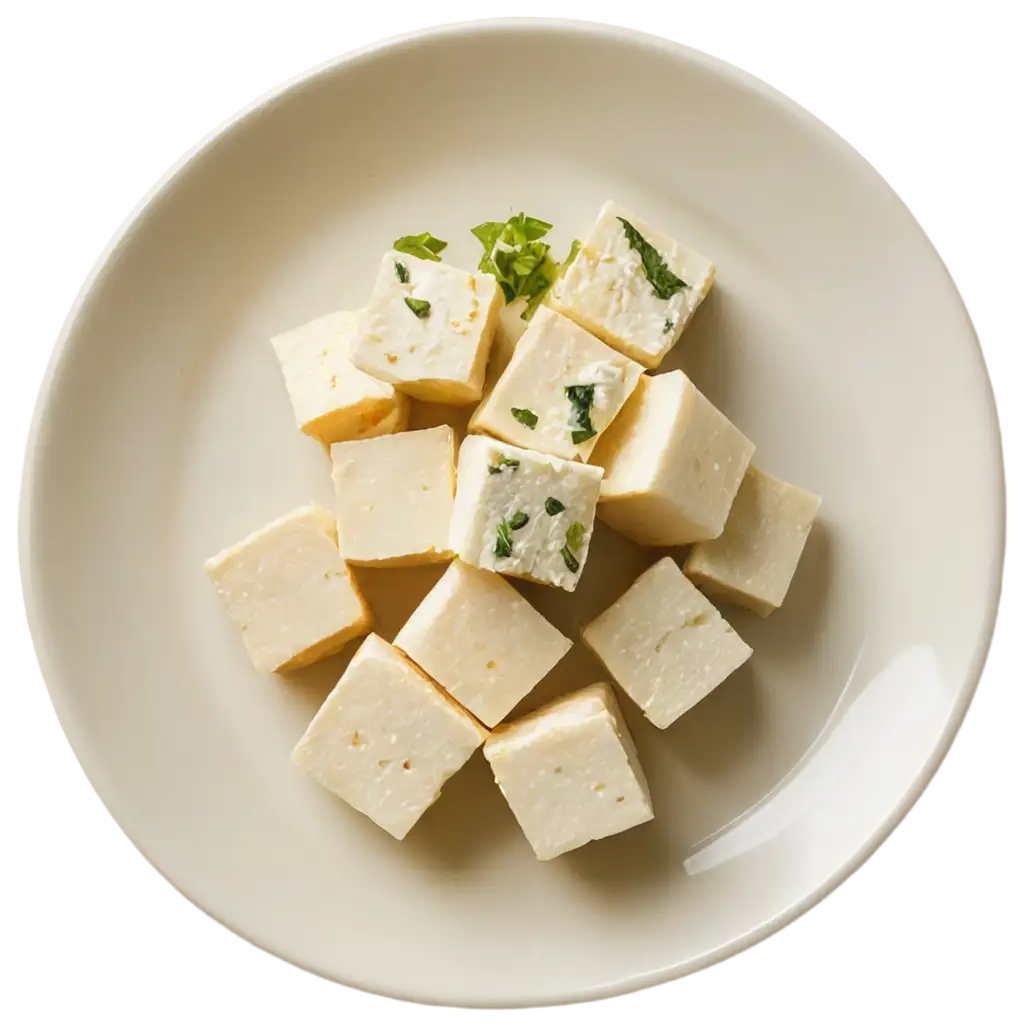 PNG-Image-of-Paneer-Cubes-in-an-Unorganized-Pyramid-on-a-Traditional-Plate-Perfect-for-Culinary-and-Cultural-Content