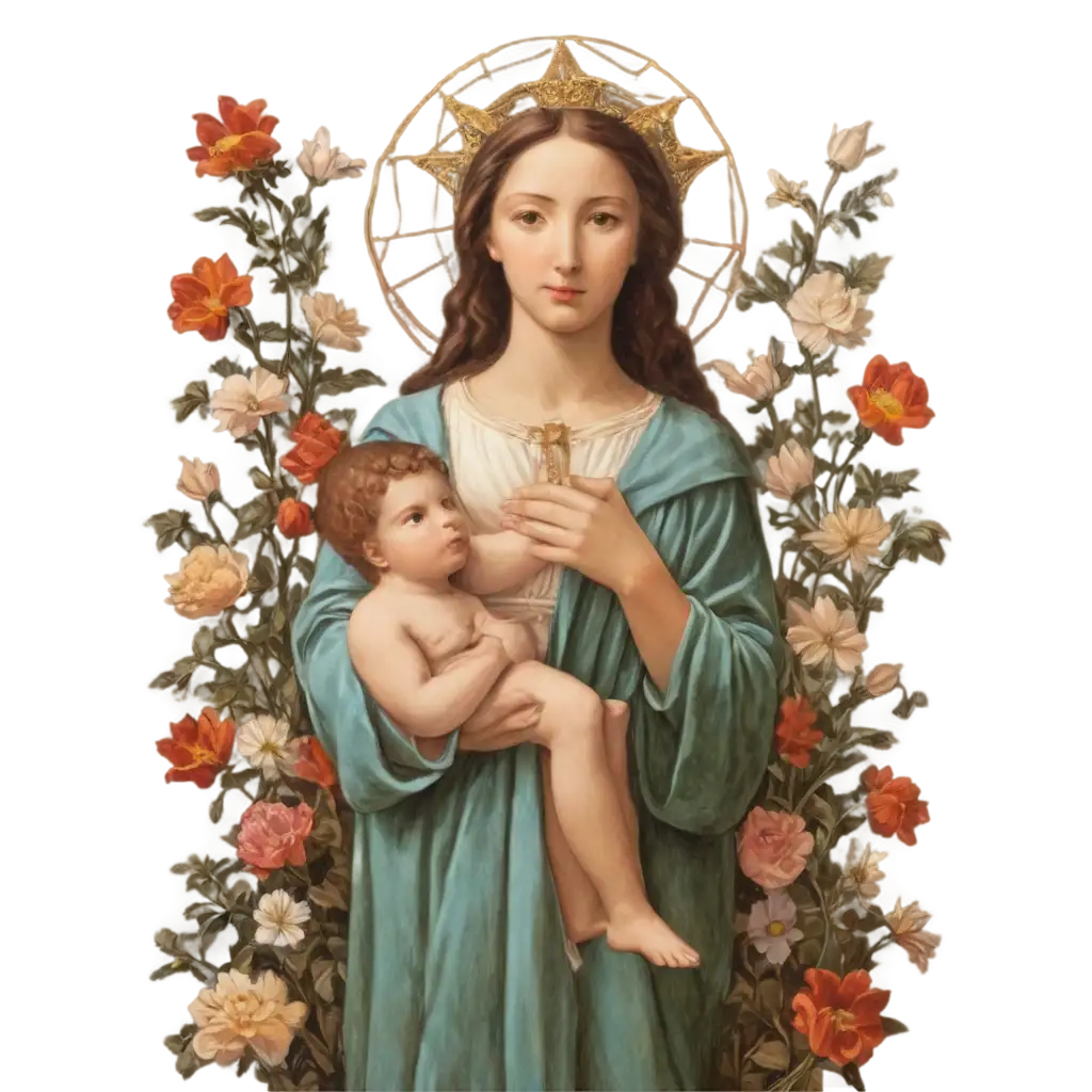 Virgin-of-Carmen-Type-Roman-Painting-with-Flower-Background-PNG-Image