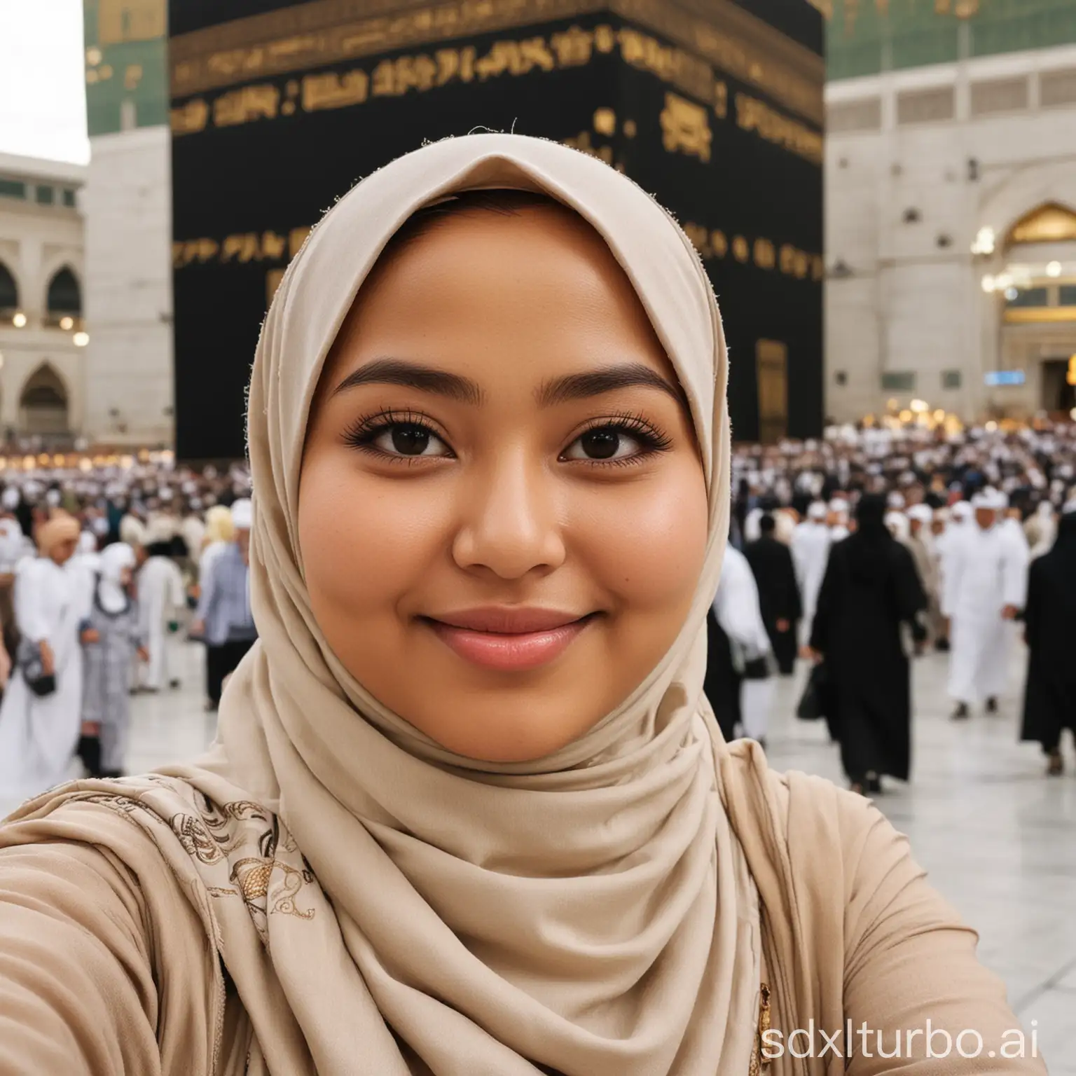 Chubby-Indonesian-Woman-in-Tan-Hijab-at-Kaaba-Umrah-Selfie-with-Selicca-Lens