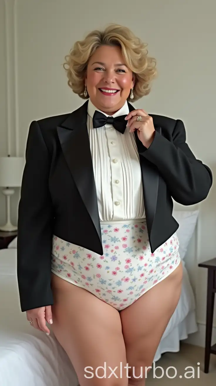 Smiling-MiddleAged-Woman-in-Formal-Orchestra-Tuxedo-with-Bow-Tie-in-White-Bedroom