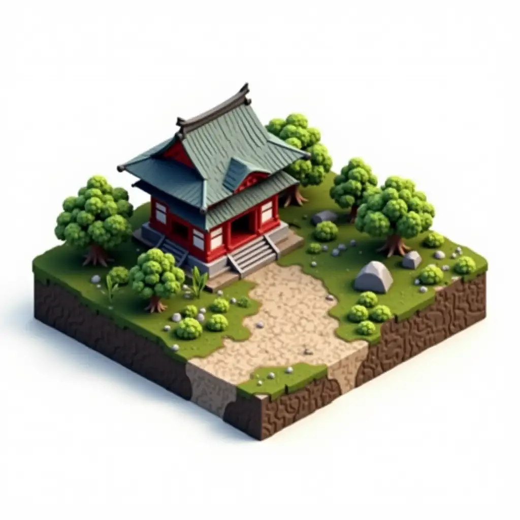 Isometric square piece of land (photorealistic intricate irregular weathered textures, ealistic lighting from the right side, global illumination, many intricate details with random imperfections and mud, full image is in sharp focus): a japanese temple with a lush garden. Empty white background